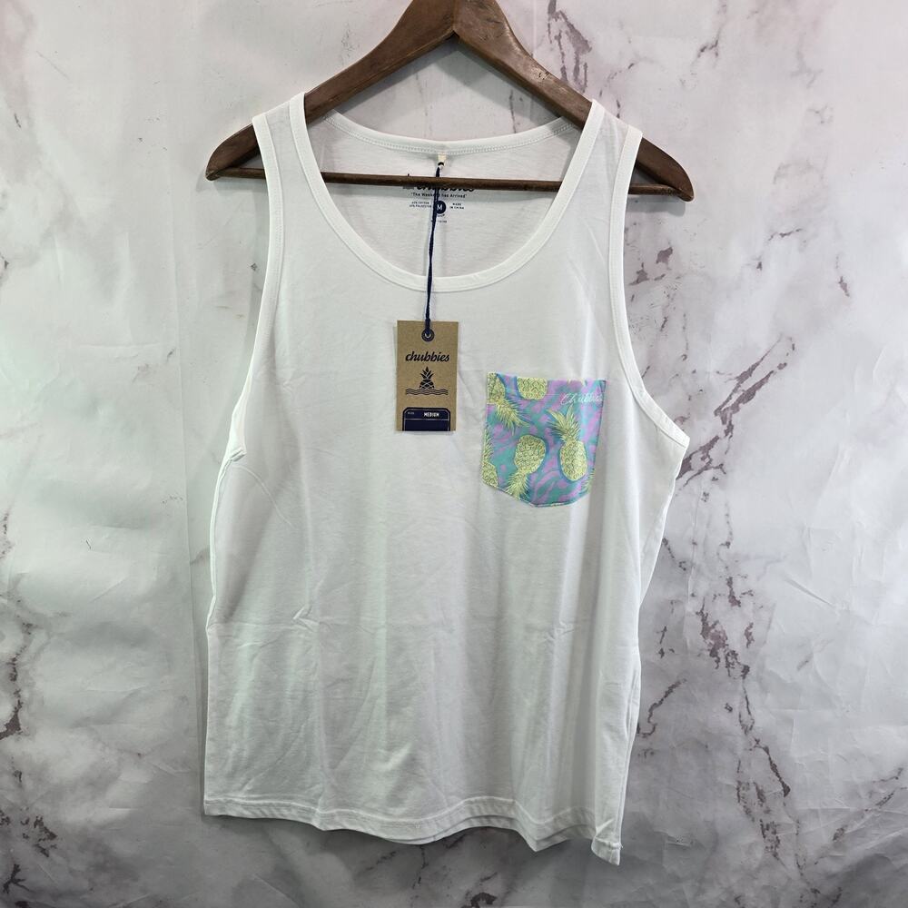 Chubbies Shirt Mens Medium White Tank Top Pocket Low Tide Pineapple NEW